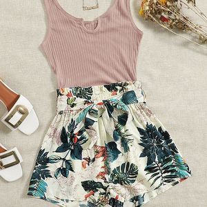 New Tropical Print Tie Front Romper Pink Green 226